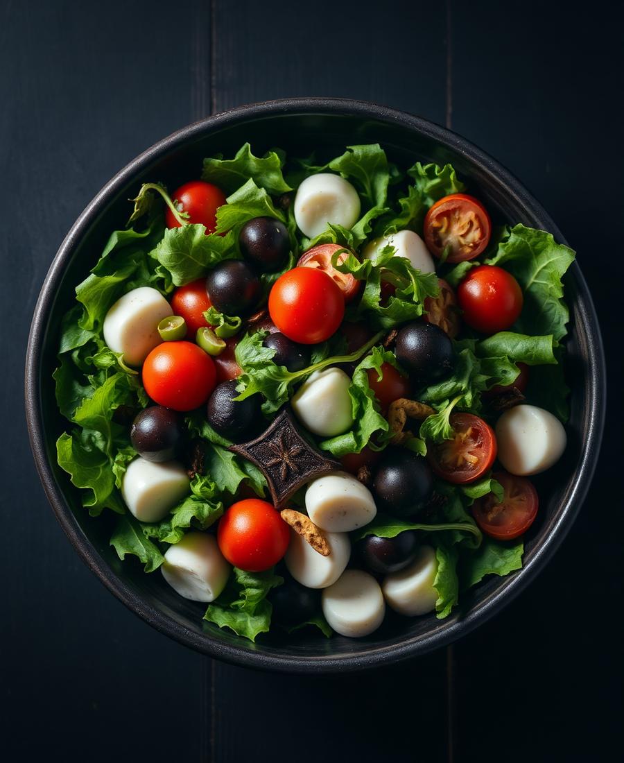 Fresh Italian salad with arugula, tomatoes, olives and shaved parmesan