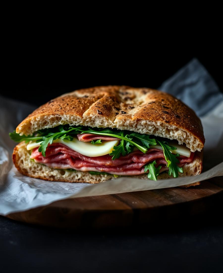 Italian sandwich with prosciutto, mozzarella and arugula on toasted ciabatta