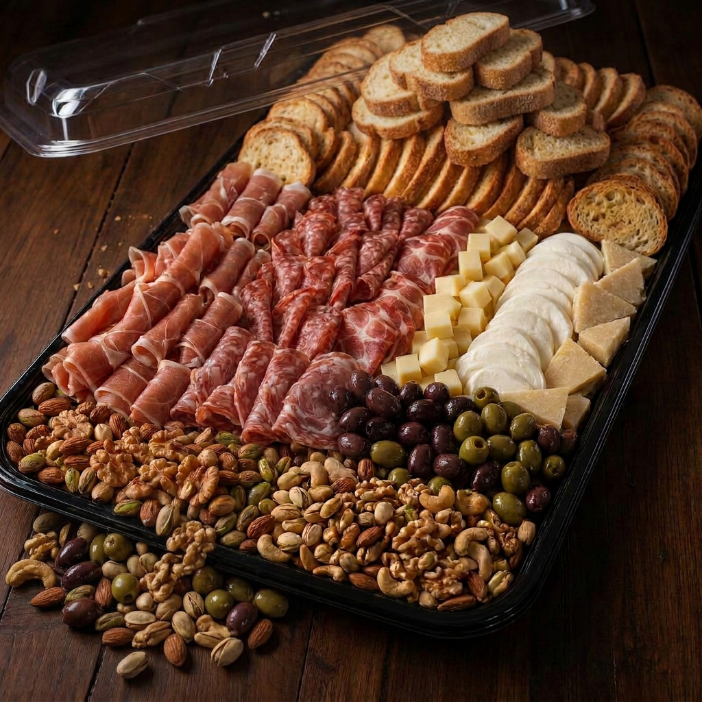Large Italian charcuterie catering platter with cured meats, cheeses and olives